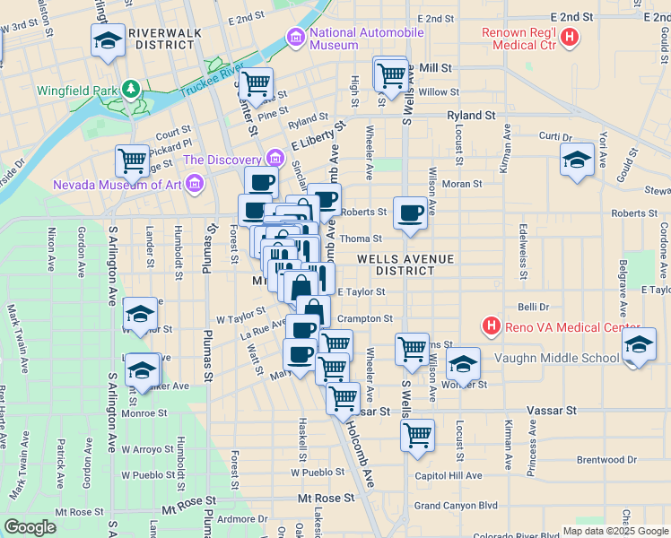 map of restaurants, bars, coffee shops, grocery stores, and more near 824 Holcomb Avenue in Reno