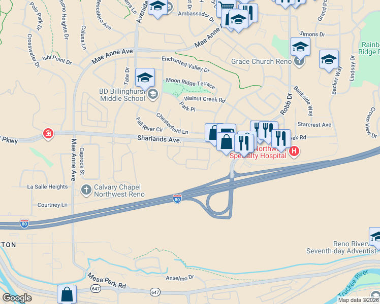 map of restaurants, bars, coffee shops, grocery stores, and more near 6400 Sharlands Avenue in Reno