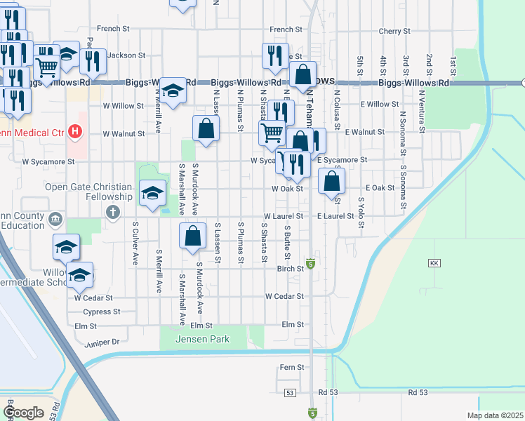 map of restaurants, bars, coffee shops, grocery stores, and more near 247 South Shasta Street in Willows