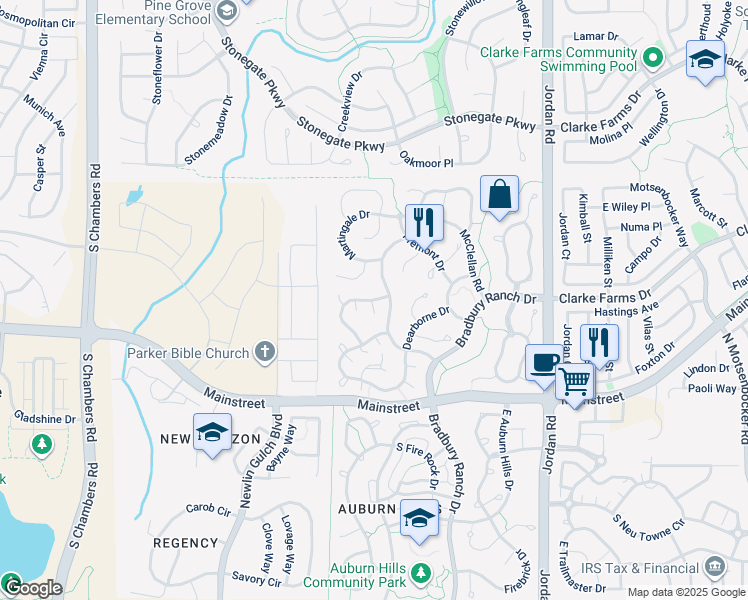 map of restaurants, bars, coffee shops, grocery stores, and more near 10956 Osprey Court in Parker