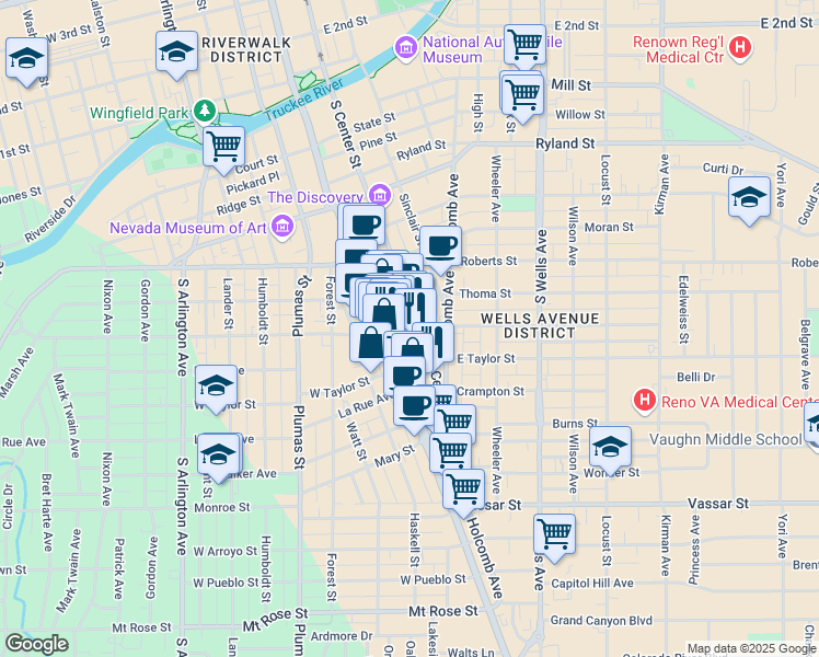 map of restaurants, bars, coffee shops, grocery stores, and more near 827 South Center Street in Reno