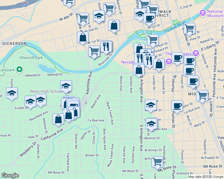 map of restaurants, bars, coffee shops, grocery stores, and more near 644 Saint Lawrence Avenue in Reno