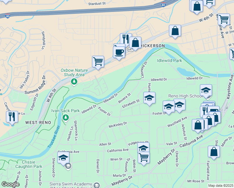 map of restaurants, bars, coffee shops, grocery stores, and more near 2340 Riviera Street in Reno