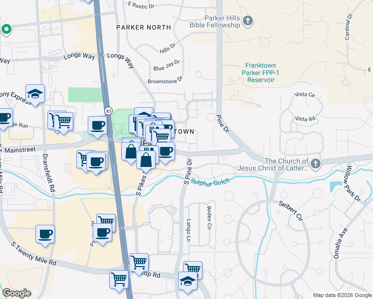 map of restaurants, bars, coffee shops, grocery stores, and more near in Parker