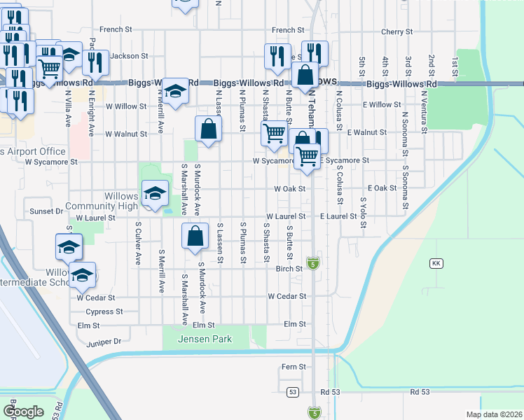 map of restaurants, bars, coffee shops, grocery stores, and more near 326 West Laurel Street in Willows