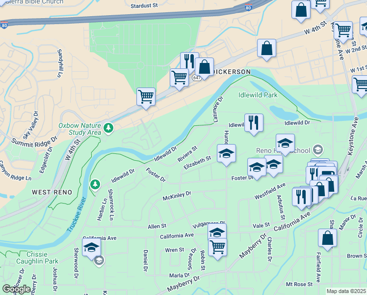 map of restaurants, bars, coffee shops, grocery stores, and more near 2340 Riviera Street in Reno