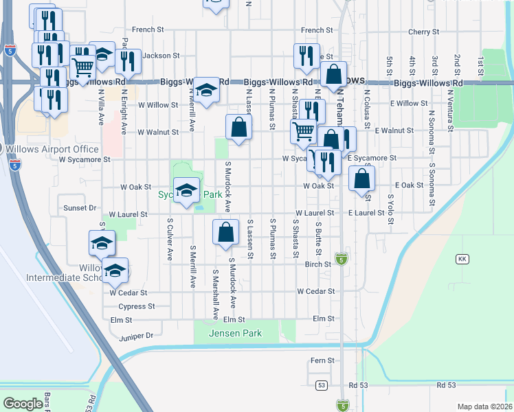map of restaurants, bars, coffee shops, grocery stores, and more near 428 West Laurel Street in Willows