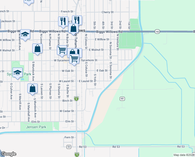 map of restaurants, bars, coffee shops, grocery stores, and more near 266 South Yolo Street in Willows