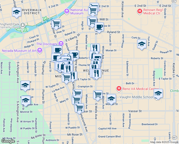 map of restaurants, bars, coffee shops, grocery stores, and more near 715 Wheeler Avenue in Reno