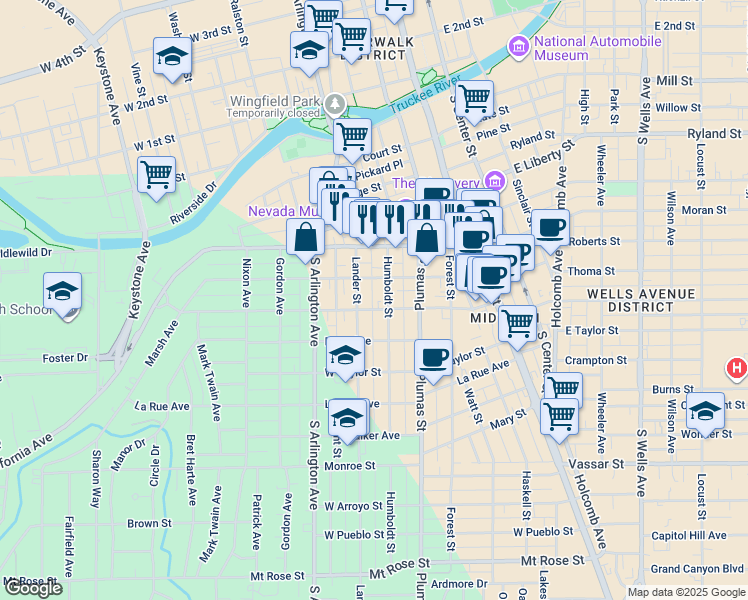 map of restaurants, bars, coffee shops, grocery stores, and more near 534 Humboldt Street in Reno