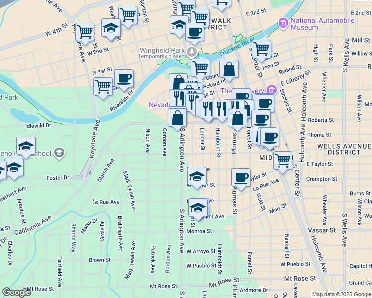 map of restaurants, bars, coffee shops, grocery stores, and more near 449 Marsh Avenue in Reno