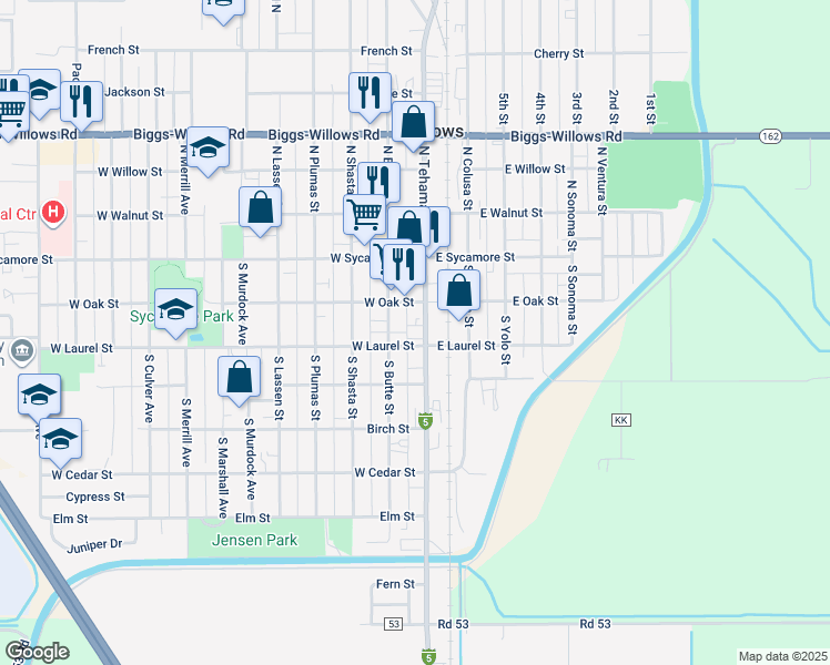 map of restaurants, bars, coffee shops, grocery stores, and more near 428 French Street in Willows