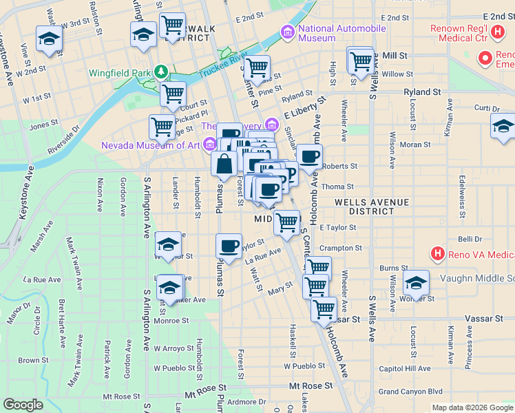 map of restaurants, bars, coffee shops, grocery stores, and more near 620 Tahoe Street in Reno