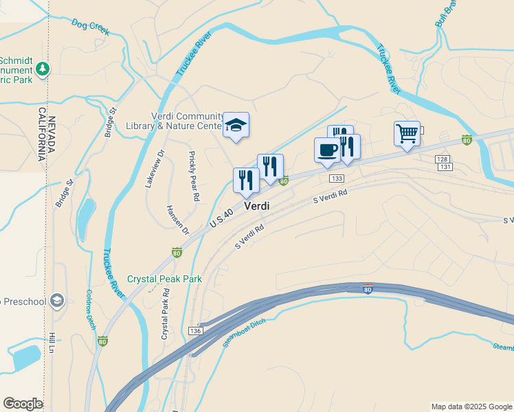 map of restaurants, bars, coffee shops, grocery stores, and more near 755 U.S.40 in Verdi