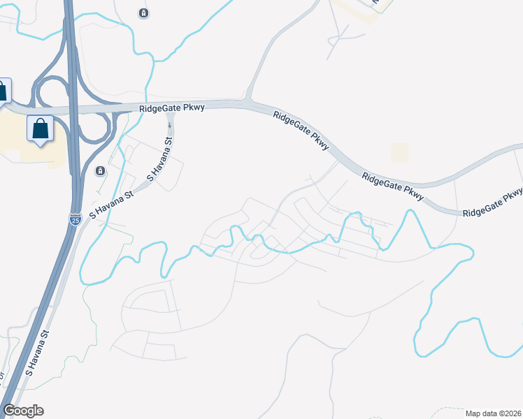 map of restaurants, bars, coffee shops, grocery stores, and more near RidgeGate Parkway in Parker