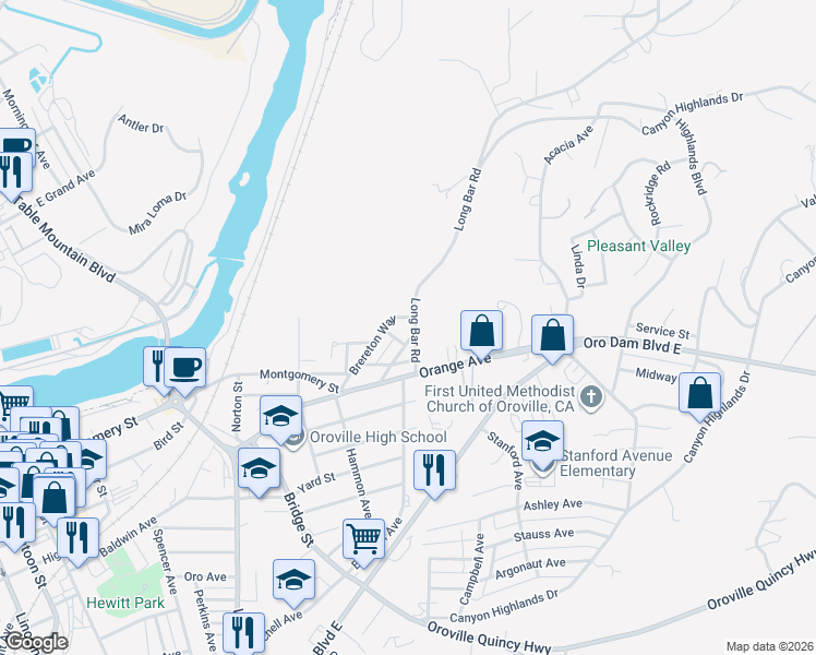 map of restaurants, bars, coffee shops, grocery stores, and more near 1170 Laurel Avenue in Oroville