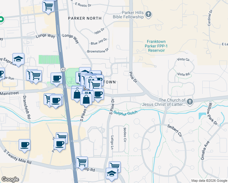 map of restaurants, bars, coffee shops, grocery stores, and more near 10854 Summerset Way in Parker