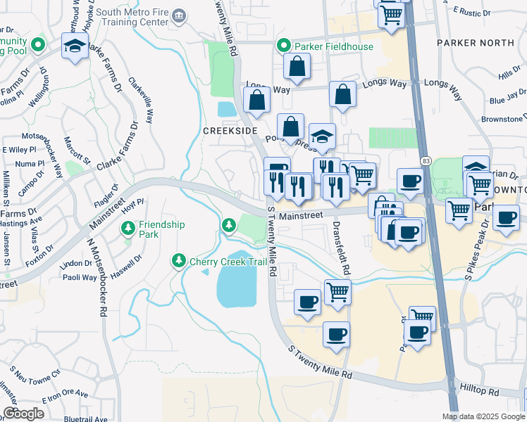 map of restaurants, bars, coffee shops, grocery stores, and more near 720 Twenty Mile Road in Parker