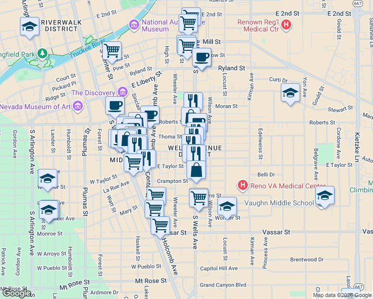 map of restaurants, bars, coffee shops, grocery stores, and more near 328 Thoma Street in Reno
