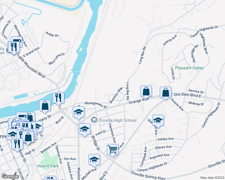 map of restaurants, bars, coffee shops, grocery stores, and more near 1130 Brereton Way in Oroville
