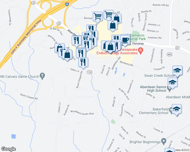 map of restaurants, bars, coffee shops, grocery stores, and more near 724 West Bel Air Avenue in Aberdeen