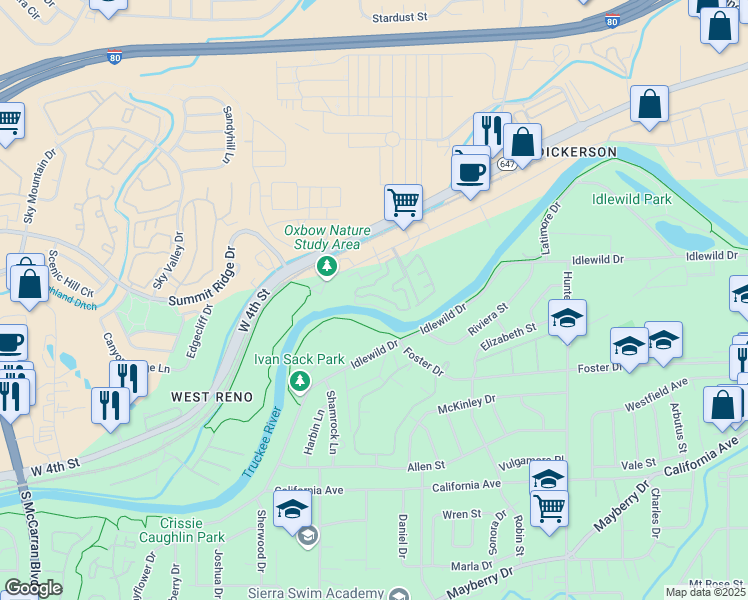 map of restaurants, bars, coffee shops, grocery stores, and more near 2850 Elsie Irene Lane in Reno
