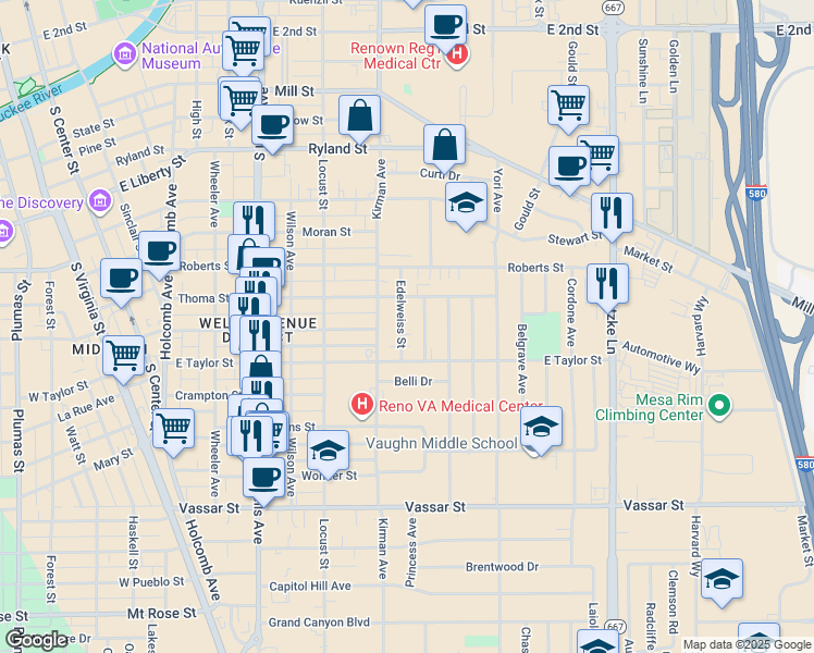 map of restaurants, bars, coffee shops, grocery stores, and more near 780 Edelweiss Street in Reno