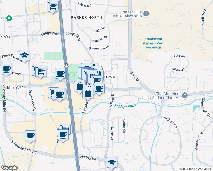 map of restaurants, bars, coffee shops, grocery stores, and more near 19751 Mainstreet in Parker