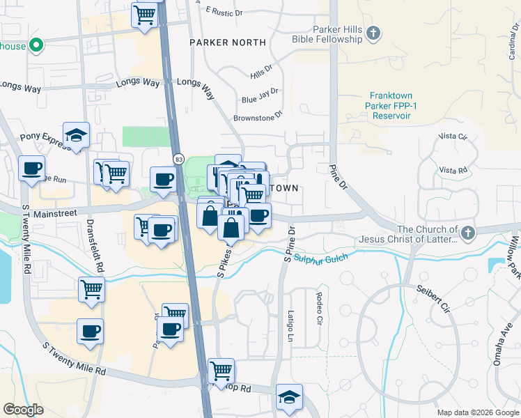 map of restaurants, bars, coffee shops, grocery stores, and more near 10874 Victorian Drive in Parker