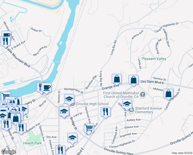 map of restaurants, bars, coffee shops, grocery stores, and more near 1115 Brereton Way in Oroville