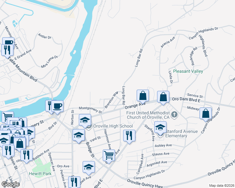 map of restaurants, bars, coffee shops, grocery stores, and more near 1115 Brereton Way in Oroville