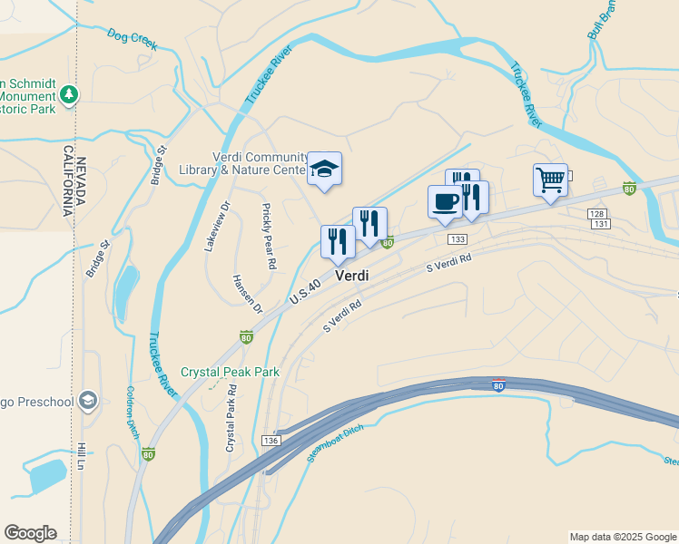 map of restaurants, bars, coffee shops, grocery stores, and more near 755 U.S.40 in Reno