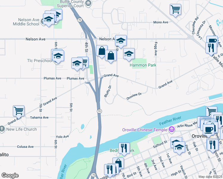 map of restaurants, bars, coffee shops, grocery stores, and more near 1972 Bluffs Drive in Oroville