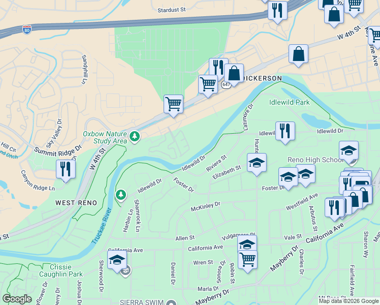 map of restaurants, bars, coffee shops, grocery stores, and more near 2500 Dickerson Rd in Reno