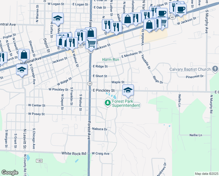 map of restaurants, bars, coffee shops, grocery stores, and more near 301 E Maple St in Brazil