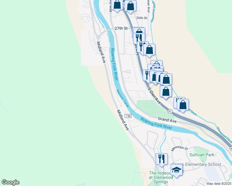 map of restaurants, bars, coffee shops, grocery stores, and more near 3215 Hager Ln in Glenwood Springs