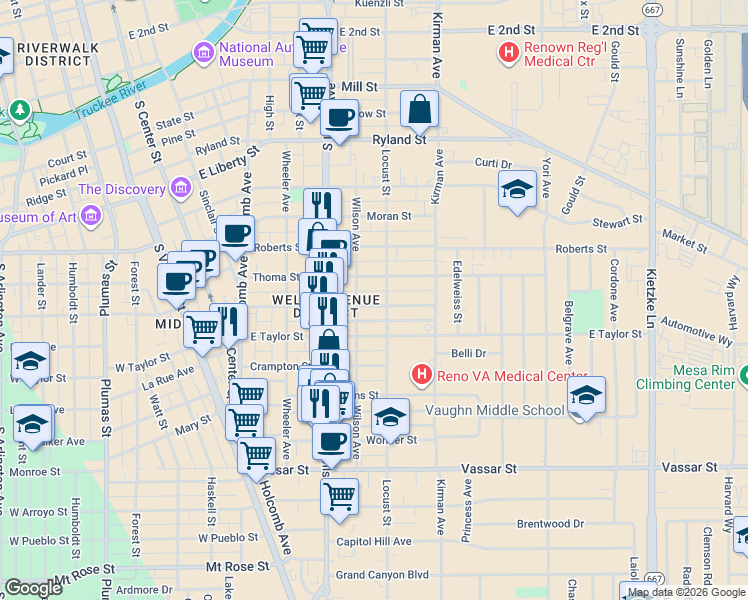 map of restaurants, bars, coffee shops, grocery stores, and more near 700 Locust Street in Reno