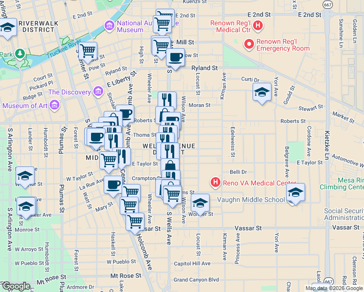 map of restaurants, bars, coffee shops, grocery stores, and more near 705 Wilson Avenue in Reno