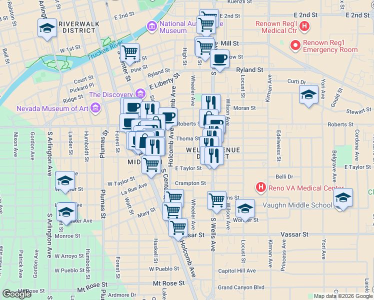 map of restaurants, bars, coffee shops, grocery stores, and more near 715 Wheeler Avenue in Reno