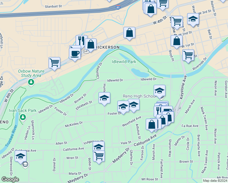 map of restaurants, bars, coffee shops, grocery stores, and more near 98 Hunter Lake Drive in Reno