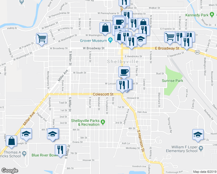 map of restaurants, bars, coffee shops, grocery stores, and more near 716 South Tompkins Street in Shelbyville