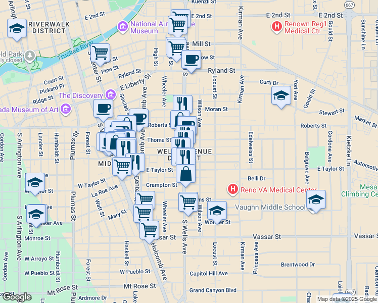 map of restaurants, bars, coffee shops, grocery stores, and more near 328 Thoma Street in Reno