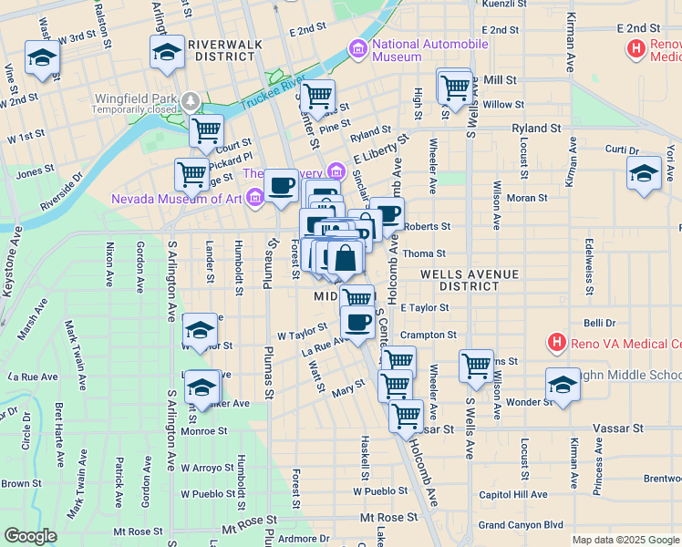 map of restaurants, bars, coffee shops, grocery stores, and more near 695 North Virginia Street in Reno