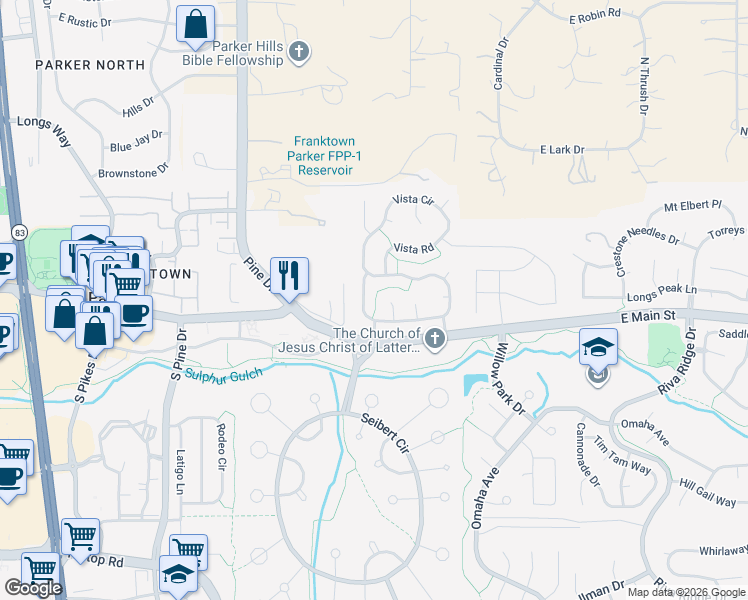 map of restaurants, bars, coffee shops, grocery stores, and more near Parker Vista Street in Parker