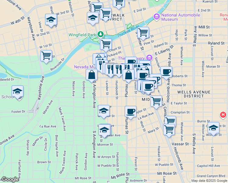map of restaurants, bars, coffee shops, grocery stores, and more near 534 Humboldt Street in Reno