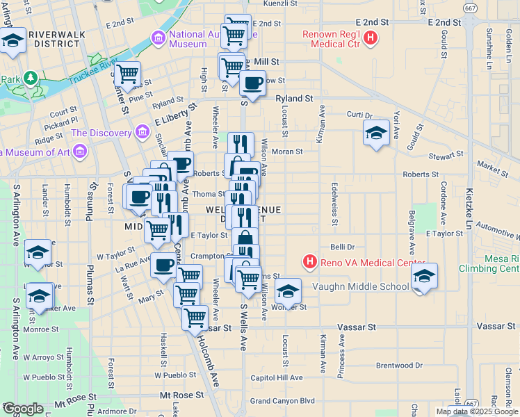 map of restaurants, bars, coffee shops, grocery stores, and more near 705 Wilson Avenue in Reno