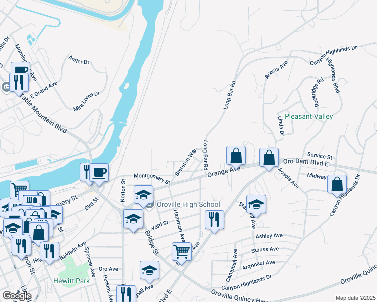 map of restaurants, bars, coffee shops, grocery stores, and more near 1130 Brereton Way in Oroville