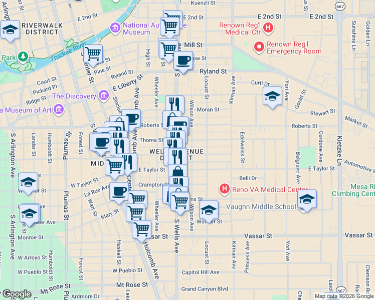 map of restaurants, bars, coffee shops, grocery stores, and more near 705 Wilson Avenue in Reno