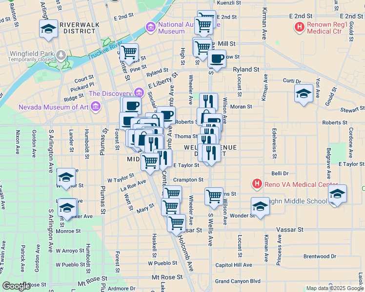 map of restaurants, bars, coffee shops, grocery stores, and more near 715 Wheeler Avenue in Reno
