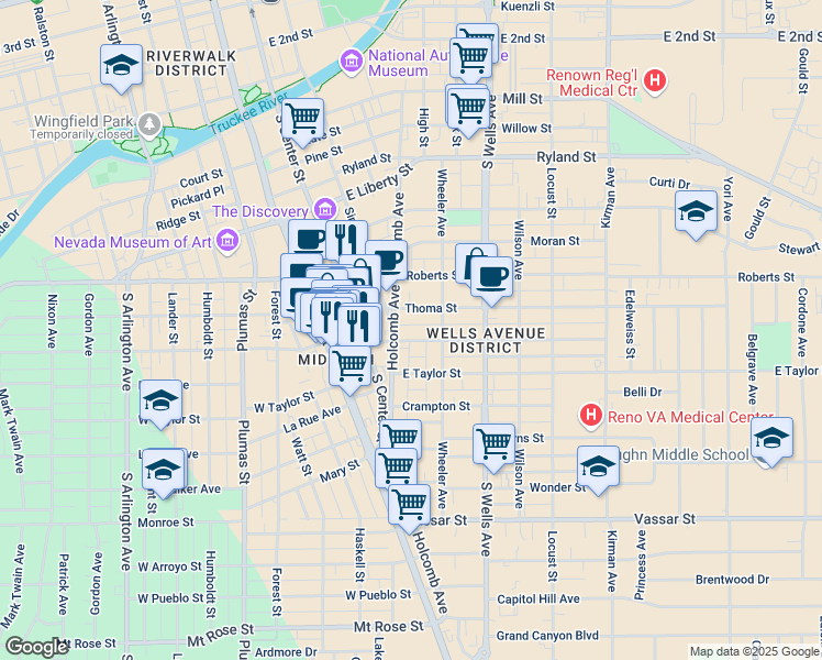 map of restaurants, bars, coffee shops, grocery stores, and more near 706 Holcomb Avenue in Reno